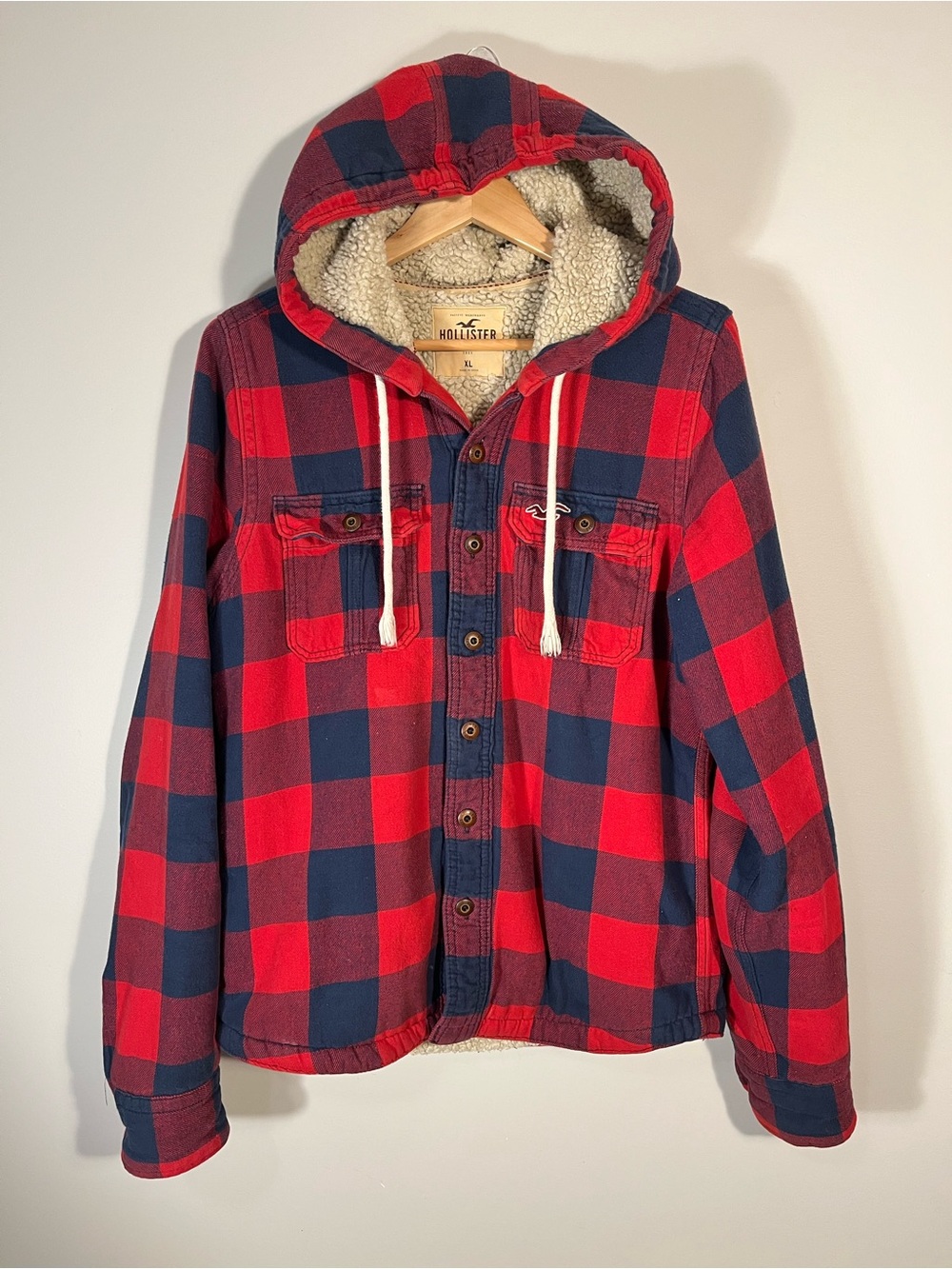 Hollister Red and Navy Buffalo Check Plaid Sherpa Lined Hoodie Jacket XL